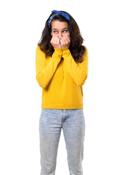 Young Girl Yellow Sweater Blue Bandana Her Head Little Bit — Stock Photo, Image