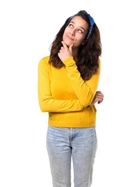 Young Girl Yellow Sweater Blue Bandana Her Head Standing Thinking — Stock Photo, Image