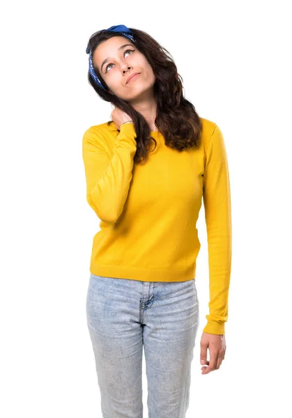 Young Girl Yellow Sweater Blue Bandana Her Head Standing Thinking — Stock Photo, Image