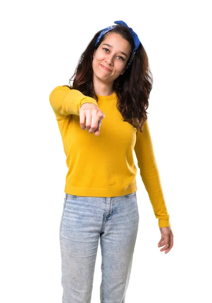 Young Girl Yellow Sweater Blue Bandana Her Head Points Finger — 图库照片