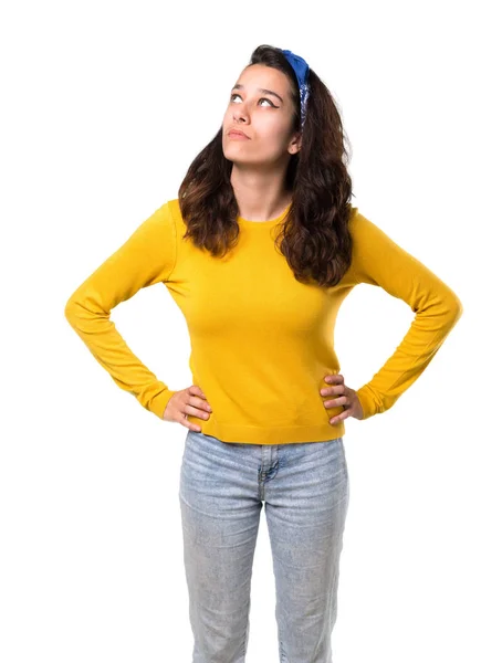 Young Girl Yellow Sweater Blue Bandana Her Head Stand Looking — Stock Photo, Image