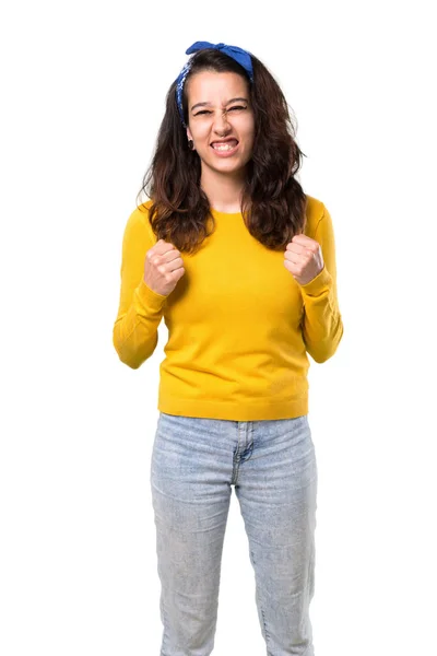 Rapariga Com Suéter Amarelo Bandana Azul Cabeça Irritada Com Raiva — Fotografia de Stock
