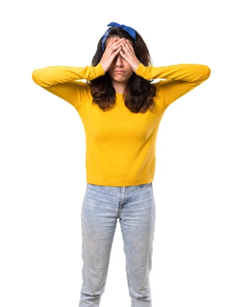 Young Girl Yellow Sweater Blue Bandana Her Head Unhappy Frustrated — Stock Photo, Image