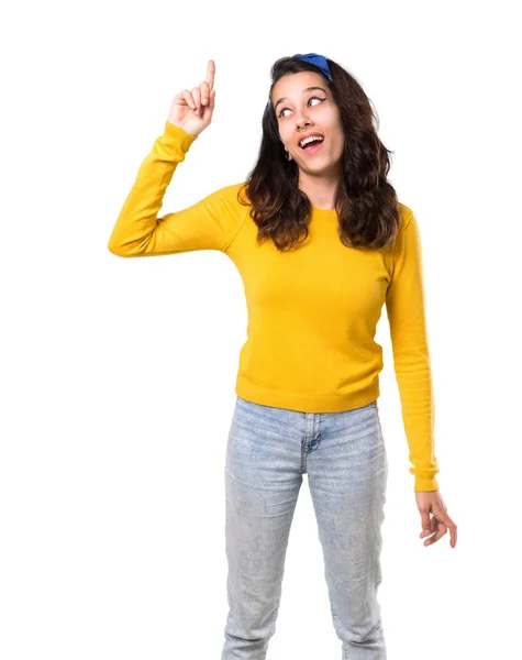 Jeune Fille Avec Pull Jaune Bandana Bleu Sur Tête Dans — Photo