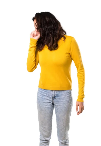 Young Girl Yellow Sweater Blue Bandana Her Head Suffering Cough — Stock Photo, Image