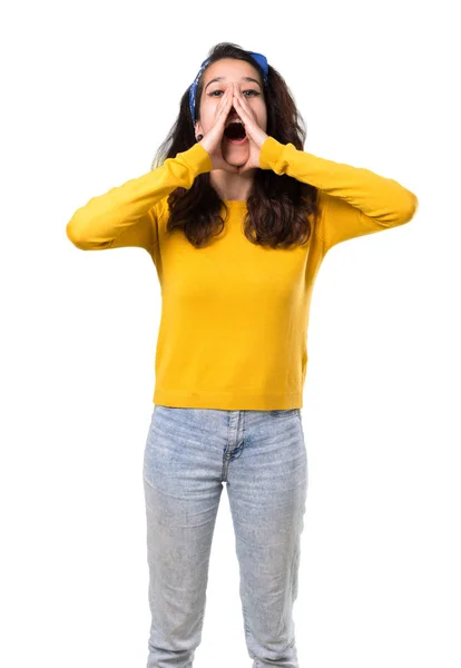 Young Girl Yellow Sweater Blue Bandana Her Head Shouting Mouth — Stock Photo, Image