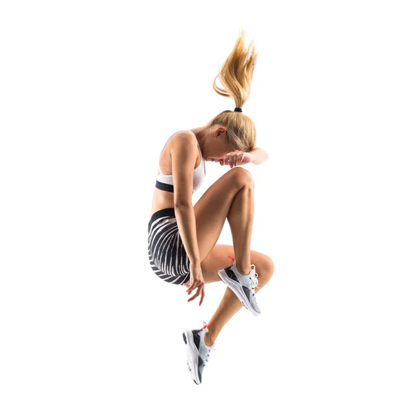 Joven Bailarina Saltando Sobre Blanco Aislado — Foto de Stock