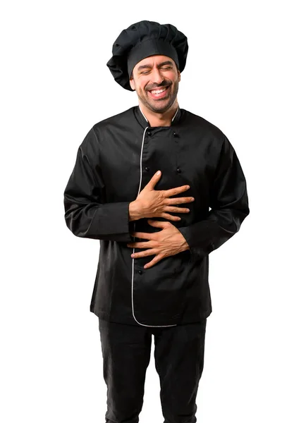 Chef Homem Uniforme Preto Sorrindo Muito Colocar Mãos Peito Sobre — Fotografia de Stock