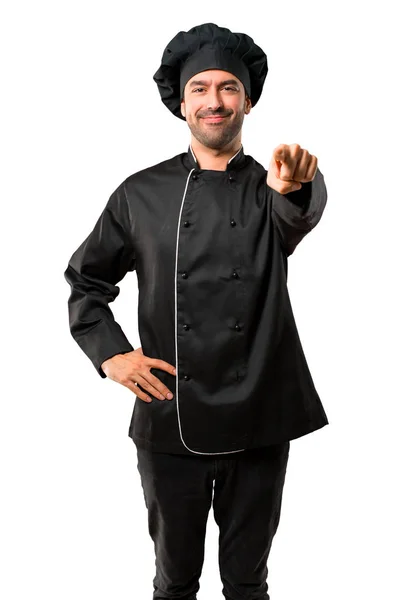 Chef Homme Uniforme Noir Pointe Doigt Vers Vous Avec Une — Photo