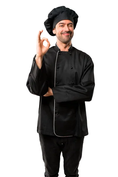 Chef Homme Uniforme Noir Montrant Signe Avec Les Doigts Tout — Photo