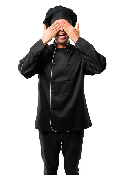 Chef Hombre Uniforme Negro Cubriendo Los Ojos Con Las Manos — Foto de Stock