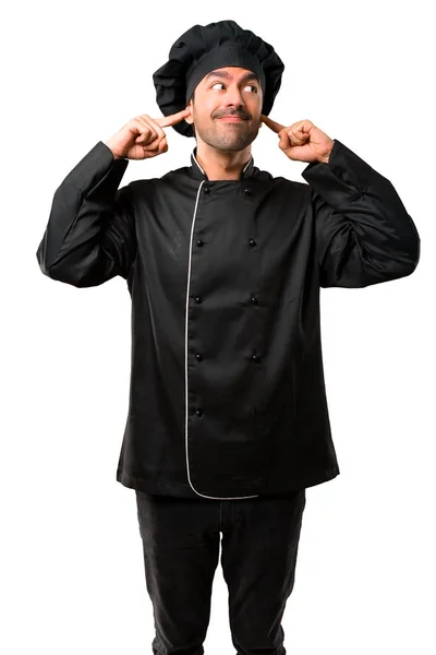 Chef Homem Preto Uniforme Cobrindo Ambas Orelhas Com Mãos Sobre — Fotografia de Stock