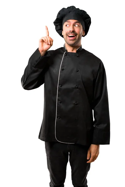 Chef Man Black Uniform Intending Realizes Solution While Lifting Finger — Stock Photo, Image