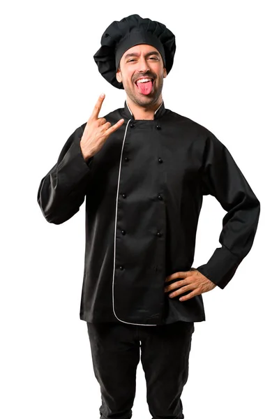 Chef Homme Uniforme Noir Montrant Langue Caméra Ayant Regard Drôle — Photo
