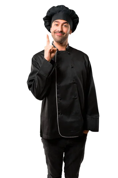 Chef Homem Uniforme Preto Mostrando Levantando Dedo Sinal Melhor Fundo — Fotografia de Stock