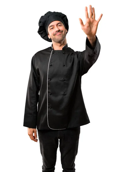 Chef Man Uniforme Negro Saludando Con Mano Con Expresión Feliz —  Fotos de Stock