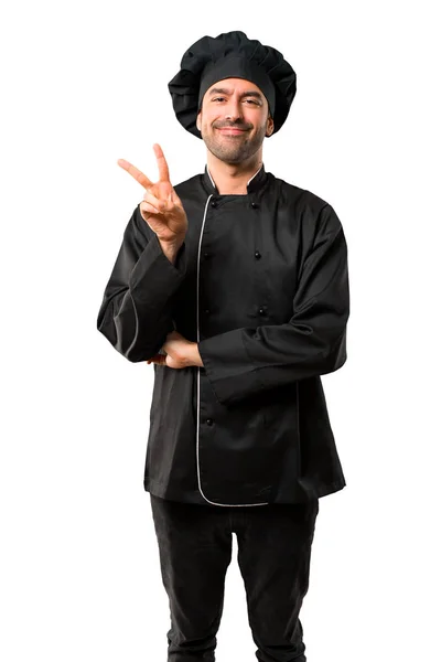 Chef Man Black Uniform Happy Counting Two Fingers Isolated White — Stock Photo, Image