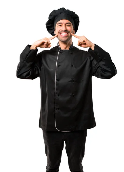 Chef Hombre Uniforme Negro Sonriendo Con Una Expresión Alegre Agradable — Foto de Stock