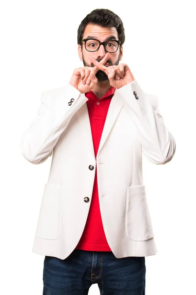 Brünetter Mann Mit Brille Macht Schweigegegeste Auf Weißem Hintergrund — Stockfoto