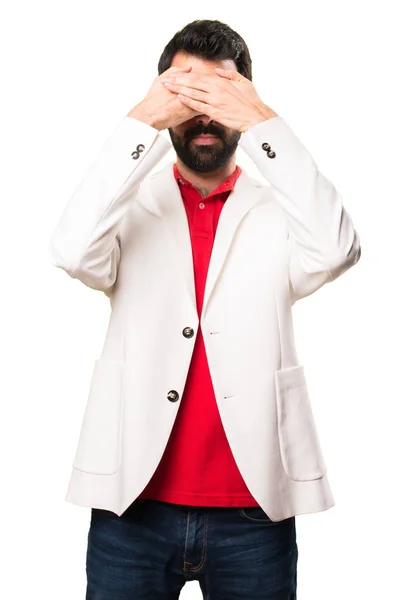 Morena Homem Com Óculos Cobrindo Seus Olhos Fundo Branco — Fotografia de Stock