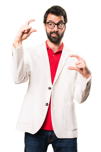 Hombre Morena Con Gafas Haciendo Pequeño Cartel Sobre Fondo Blanco — Foto de Stock