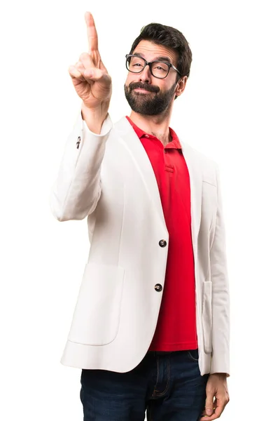 Brunetka Mężczyzny Okularach Dotykając Przeźroczysty Ekran Białym Tle — Zdjęcie stockowe