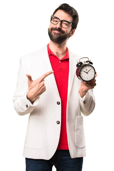 Happy Brunette Man Glasses Holding Vintage Clock White Background — Stock Photo, Image