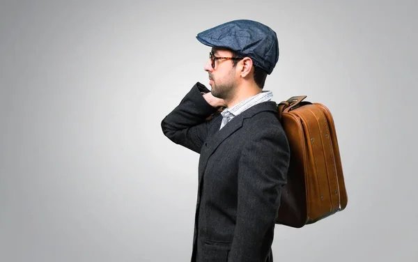 Holding Vintage Briefcase Grey Background — Stock Photo, Image