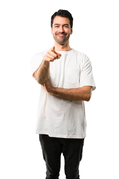 Young Man White Shirt Points Finger You Confident Expression Isolated — Stock Photo, Image