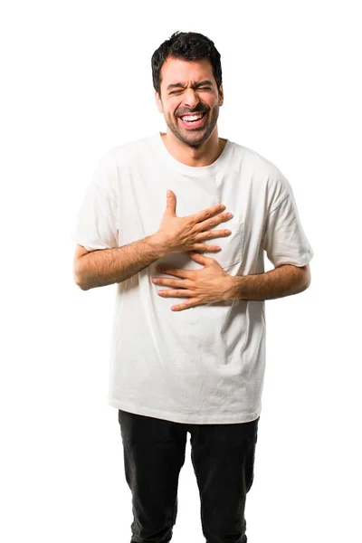 Young Man White Shirt Smiling Lot While Putting Hands Chest — Stock Photo, Image