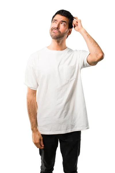 Young Man White Shirt Having Doubts Confuse Face Expression While — Stock Photo, Image