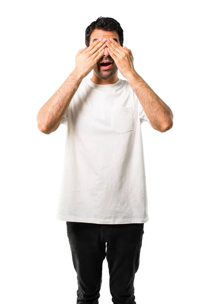 Young Man White Shirt Covering Eyes Hands Surprised See What — Stock Photo, Image