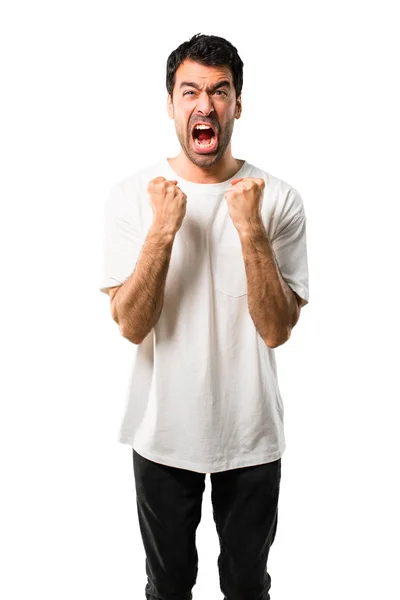 Ung Man Med Vit Skjorta Irriterad Arg Rasande Gest Frustrerad — Stockfoto