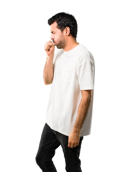 Jonge Man Met Witte Shirt Lijden Met Hoest Gevoel Slecht — Stockfoto