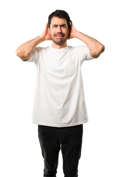 Młody Człowiek Białą Koszulę Zajmuje Ręce Głowę Migrenę Białym Tle — Zdjęcie stockowe