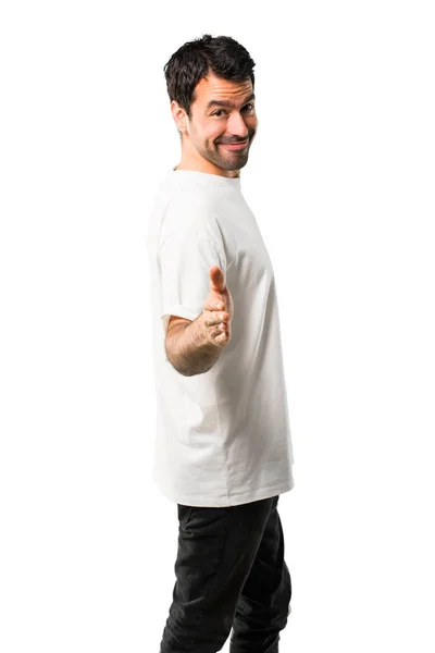 Young Man White Shirt Handshaking Good Deal Isolated White Background — Stock Photo, Image