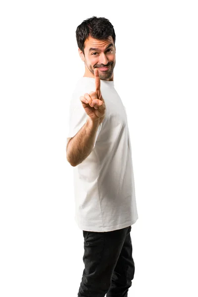 Молодой Человек Белой Рубашке Показывает Поднимает Палец Знак Лучшего Изолированном — стоковое фото