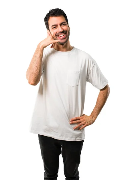 Young Man White Shirt Making Phone Gesture Speaking Someone Call — Stock Photo, Image