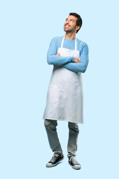 Full Body Man Wearing Apron Stand Looking While Smile Blue — Stok Foto