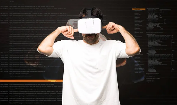 Man Using Glasses Covering Eyes Hands Virtual Reality Mode — Stock Photo, Image