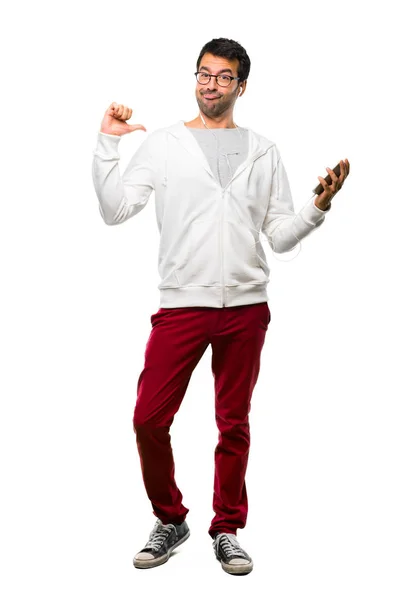 Full Length Shot Man Glasses Listening Music Proud Self Satisfied — Stock Photo, Image