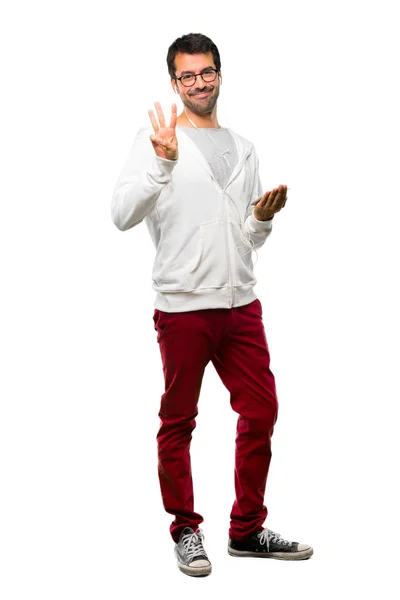 Cuerpo Completo Hombre Con Gafas Escuchando Música Feliz Contando Tres — Foto de Stock