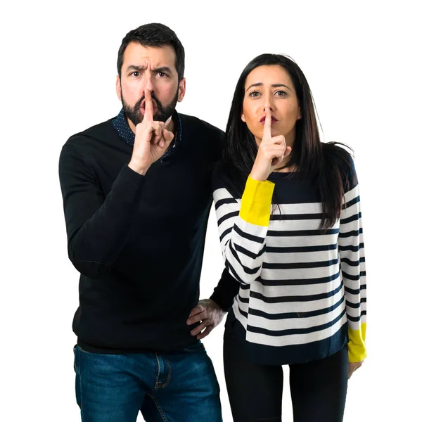 Casal Fazendo Gesto Silêncio Fundo Branco — Fotografia de Stock