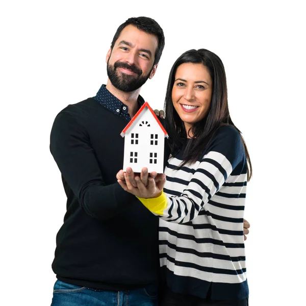 Couple Holding Little House White Background — Stock Photo, Image