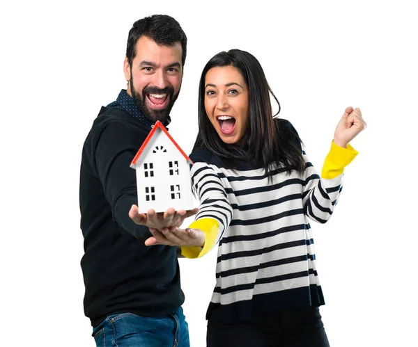 Couple Holding Little House White Background — Stock Photo, Image