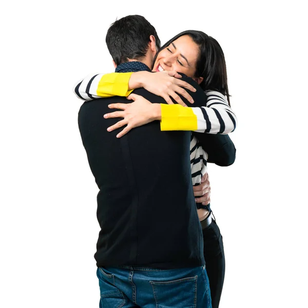 Jovem Casal Abraçando Fundo Branco — Fotografia de Stock