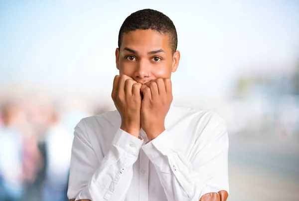 Young African American Man Little Bit Nervous Scared Putting Hands — 스톡 사진