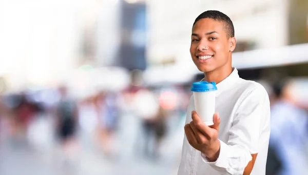 Young African American Man White Shirt Holding Hot Coffee Takeaway — Stock Photo, Image