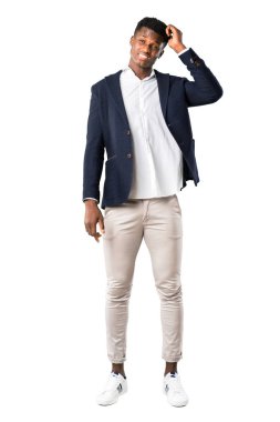 Tam vücut yakışıklı Afrikalı-Amerikalı adam hayal kırıklığı bir ifade ile bir ceket ve anlayış değil. Beyaz arka plan üzerinde eller karıştı