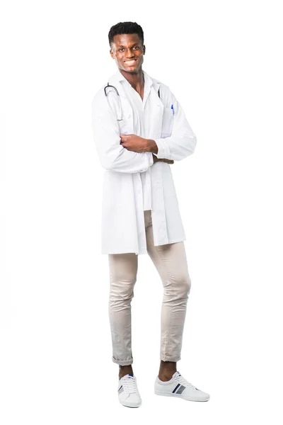Teljes Test Afro Amerikai Orvos Miközben Mosolyogva Oldalsó Karba Vezetése — Stock Fotó